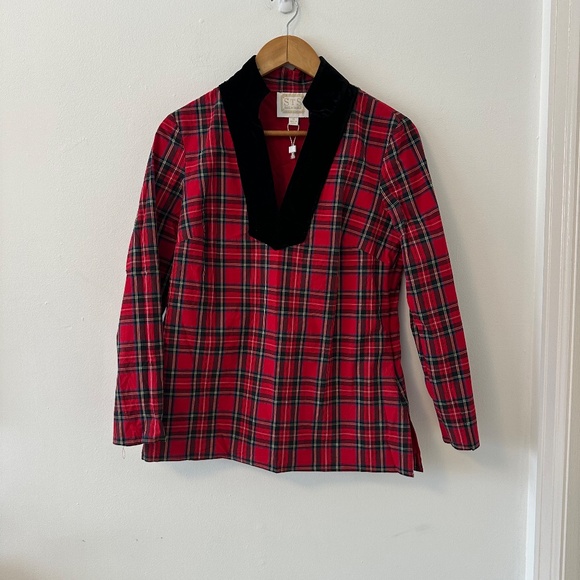 Sail to Sable Red Tartan Plaid & Velvet Collar Tunic Blouse | Size Medium - Picture 2 of 10